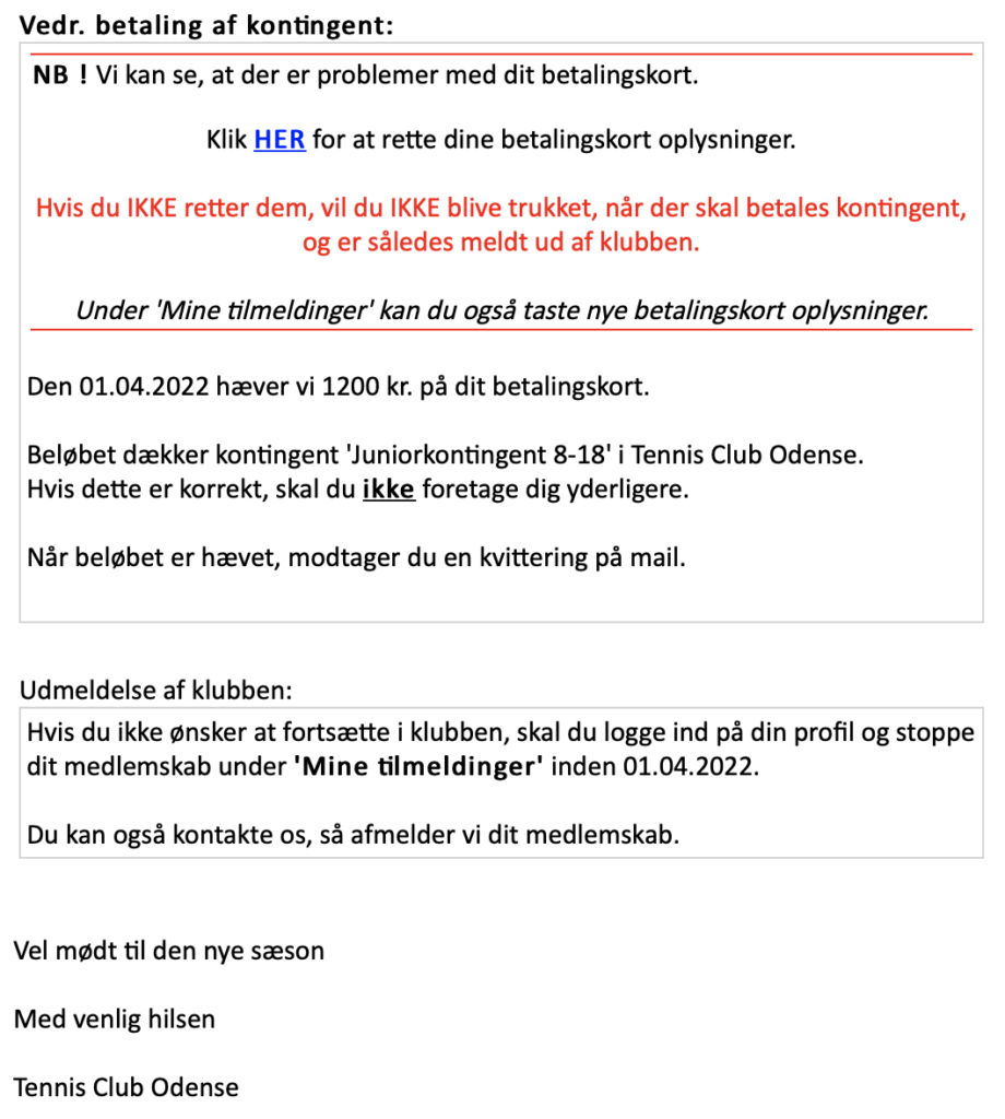 Advisering om kontingentindbetaling